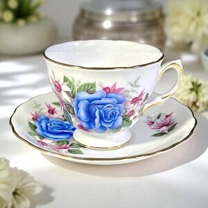 VTG Royal Vale Blue Rose Pink Floral Teacup and Saucer Set Bone China England